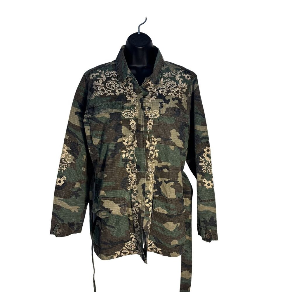 Paparazzi Camo Floral Embroidered Button-Up Jacket Tie Waist Large - Picture 3 of 14